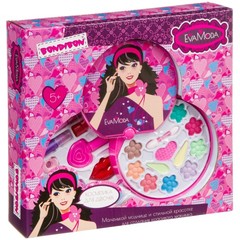 Набор детской декорат. косметики Bondibon Eva Moda, BOX 26,8х25х4,8 см, косметичка-диск 2-уровневая с зеркальцем, тенями для век (11 оттенков; 7,8г), блеском для губ (0,6г), лаком для ногтей (8г), помадами (3 цвета; 2,4г) и 3-мя заколками, арт.10678D2.