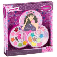 Набор детской декор. косметики Bondibon Eva Moda, BOX 27,5*26*5 см; косметичка-диск, 2х-уровневая, раздвижная: крышка-зеркальце поворот на 360о, тени для век 11 оттенков (8,3г), блеск для губ 11 оттенков (7,6г), 2 аппликатора; арт.10678F2.